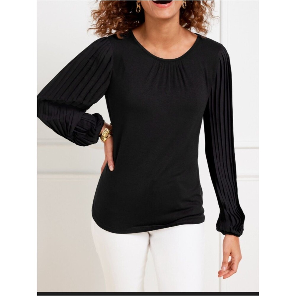 Talbots Women Casual Pleated Long Sleeve Black Round Neck Top XL Rayon Spandex - Picture 1 of 8
